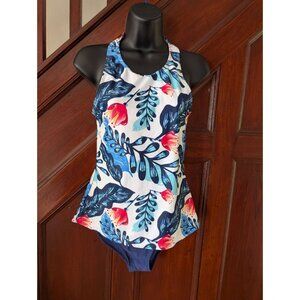 Womens Floral Tankini Swimsuit Set S Blue & White Nylon/Spandex